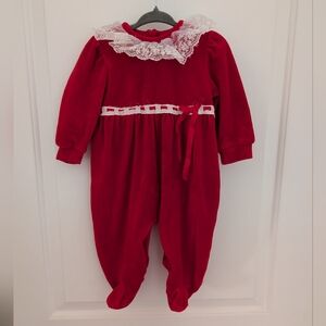 Vintage Little Me Red Velour Footie With Lace And Bow Detail
